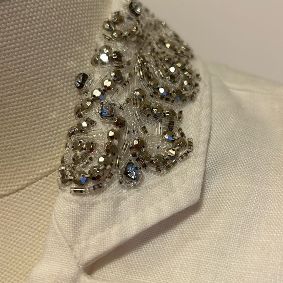 INC  White Linen  Jacket with Bejeweled Collar Women’s Small - Picture 3 of 8